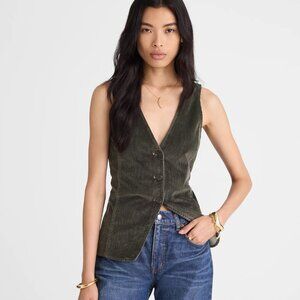 ✨NWT🏷️ Madewell V-Neck Cutaway Vest in Corduroy, XS Graphite Green